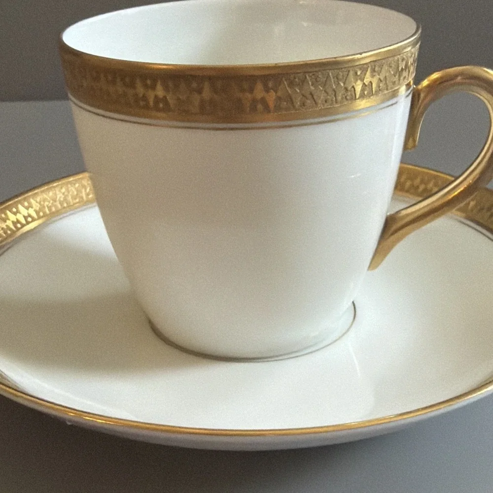 Art Deco TK Thuny Czechoslovakia Porcelain Demitasse Cup & Saucer White w/ Gold